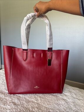 Coach Red Leather Tote with Gold Accent